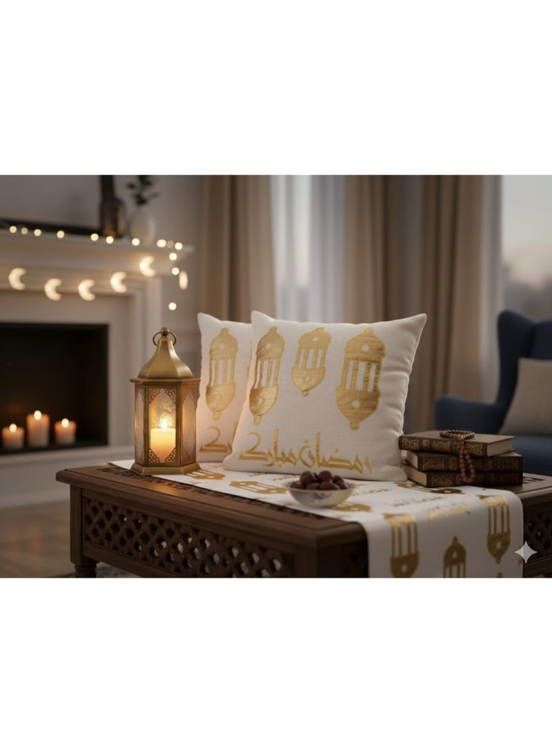 نجفة شوب طقم ديكور رمضان فاخر بلمسات ذهبية – 2 كافر كوشن + رانر ترابيزة بتصميم إسلامي أنيق - Image 1